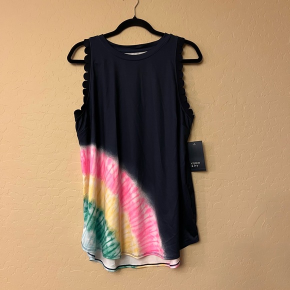 NWT Crown & Ivy Navy Sleeveless Athletic Tank w/Pink/Yellow/Green Tie Dye Arc - Picture 9 of 15